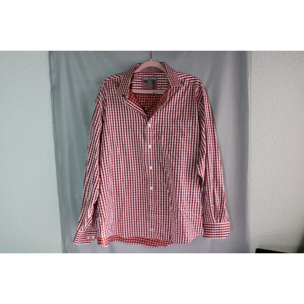 Johnston & Murphy Men's Custom Fit Button Up Shirt Long Sleeve Red Check Size XL